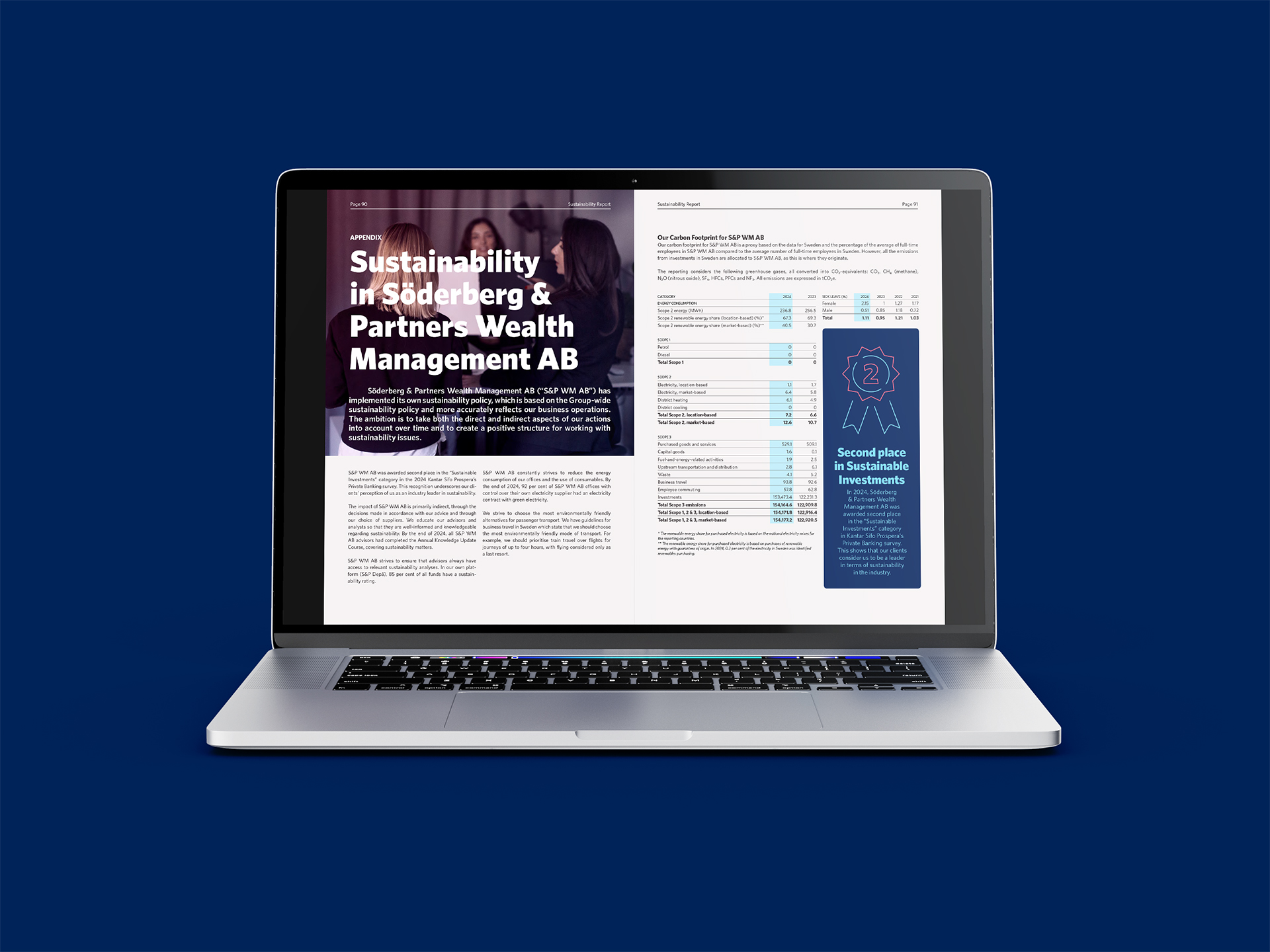 Laptop på blå bakgrund visar ett uppslag om hållbarhet i Söderberg & Partners Wealth Management AB.