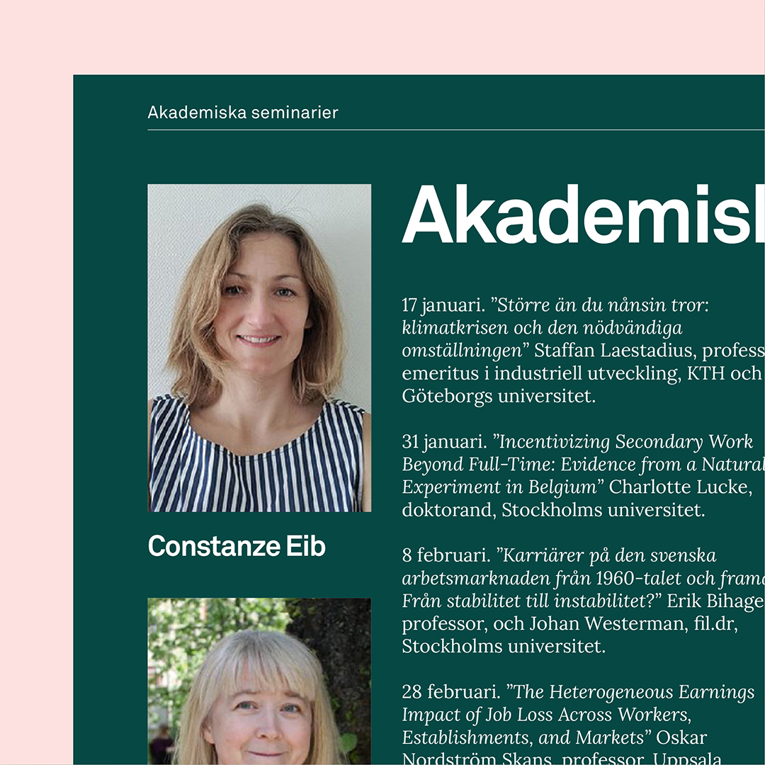 Porträtt på två kvinnor och seminarielista med föreläsningstitlar och datum.