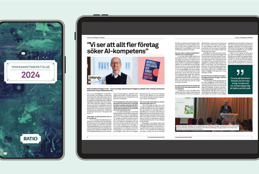 Mobil och surfplatta visar Ratio Verksamhetsberättelse 2024 med omslag och intervju om AI.