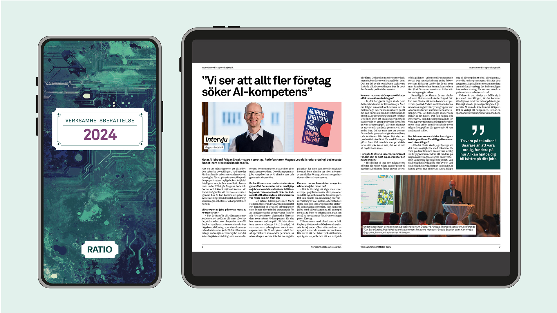 Mobil och surfplatta visar Ratio Verksamhetsberättelse 2024 med omslag och intervju om AI.