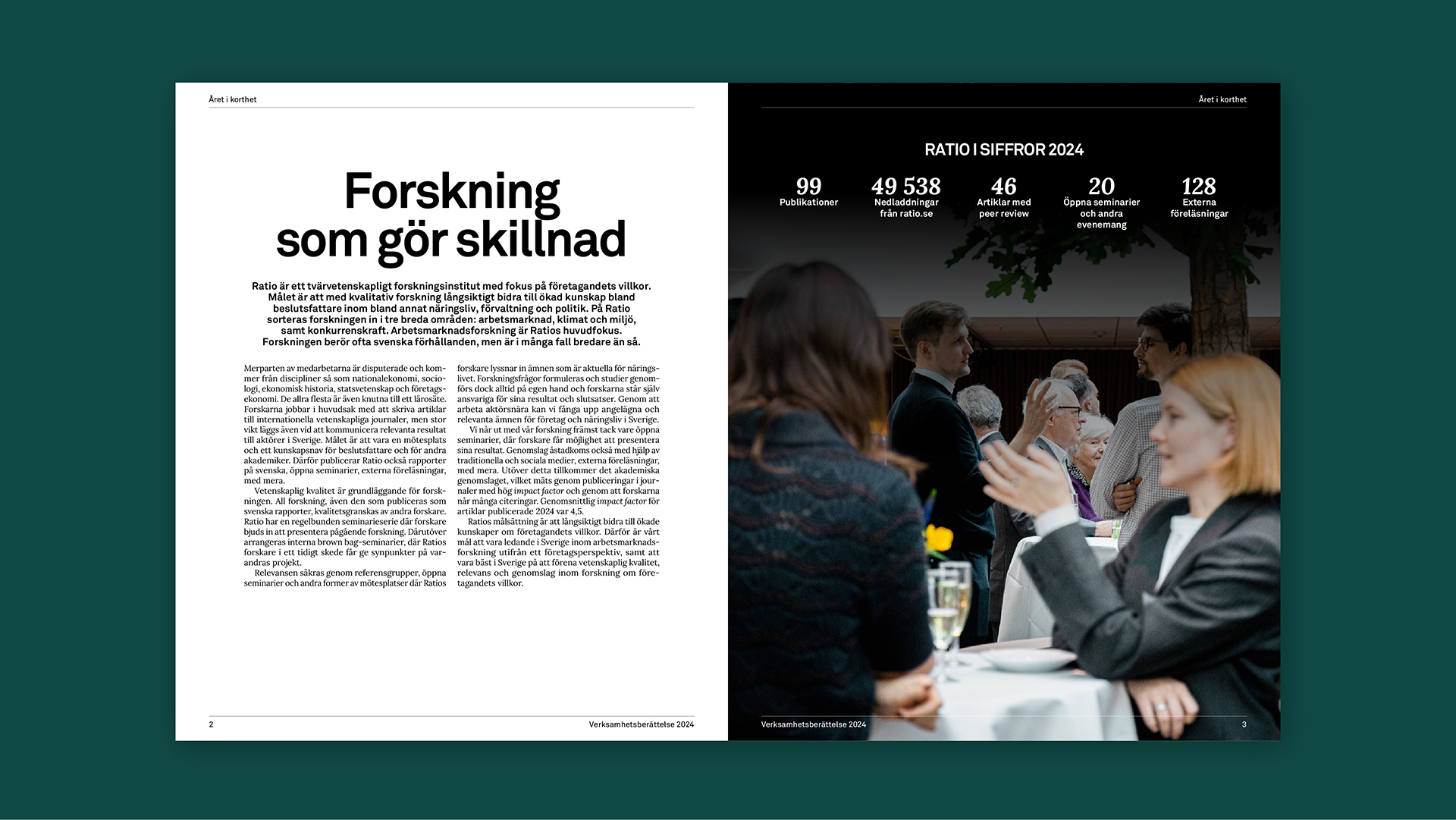 Uppslag ur Ratios verksamhetsberättelse med text om forskning och en bild från ett seminarium.