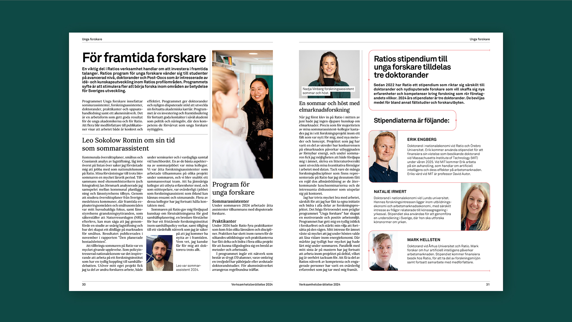 Uppslag om unga forskare med text, porträtt och bild på samtalande personer.