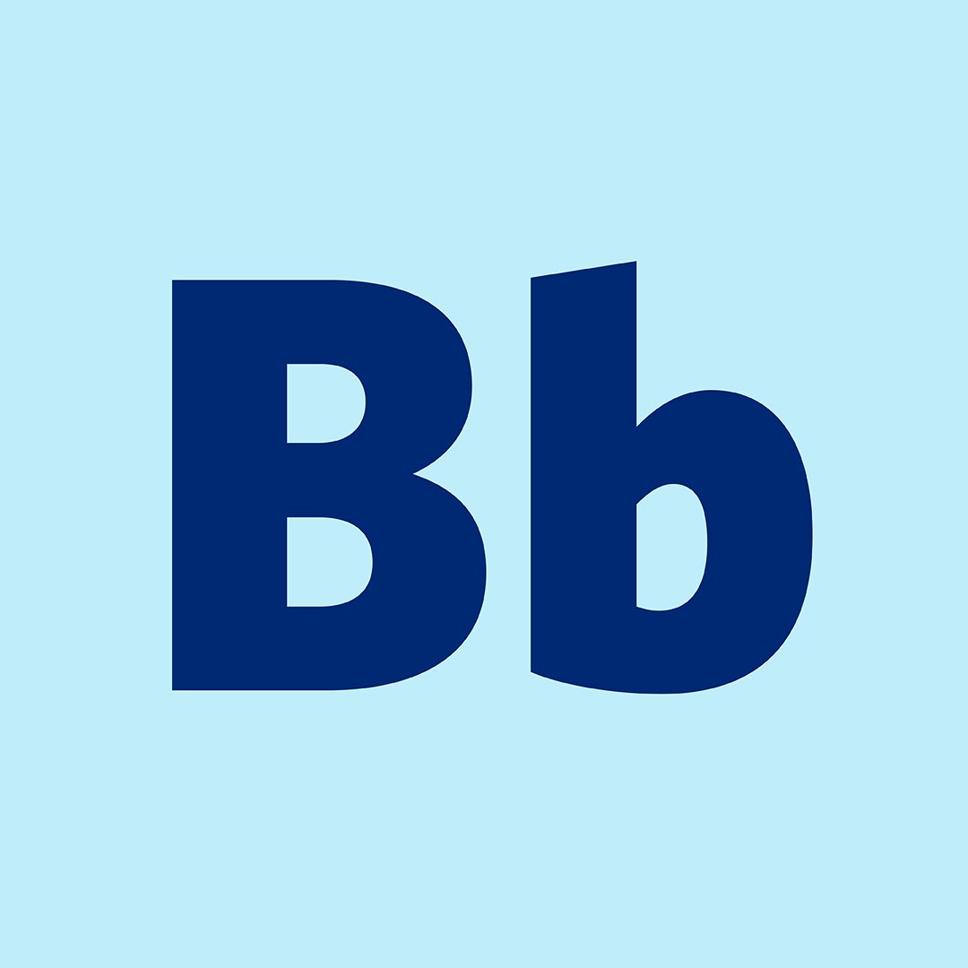 Mörkblå bokstäver "Bb" på ljusblå bakgrund, visar typografi ur rapportens grafiska profil.