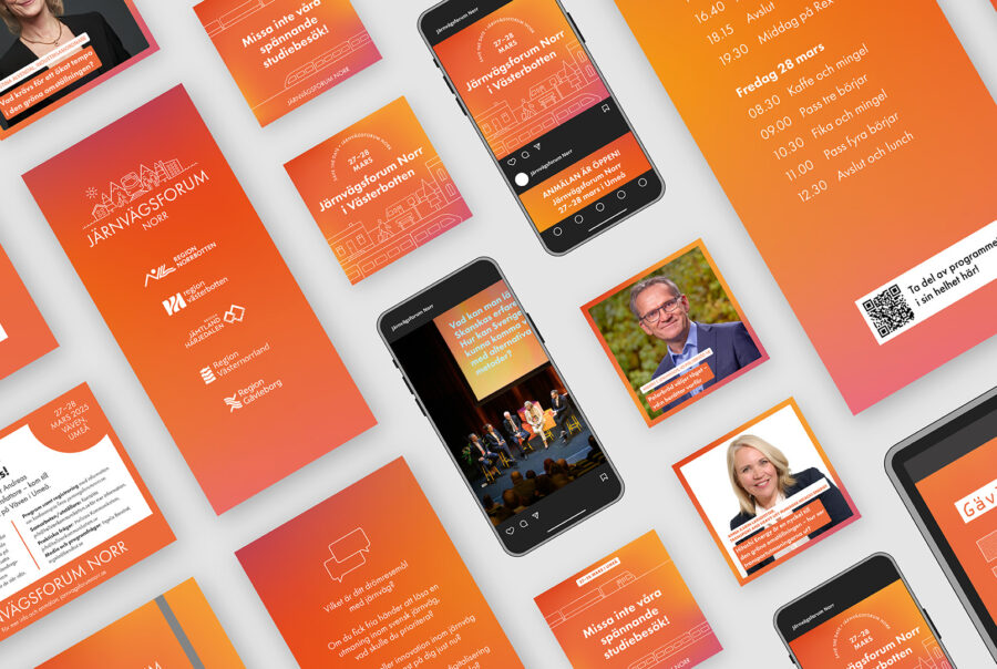 Översikt av digitalt och tryckt material för Järnvägsforum Norr, inklusive mobilskärmar, programblad, sociala medier-inlägg och illustrationer i orange färgskala med vit linjegrafik.