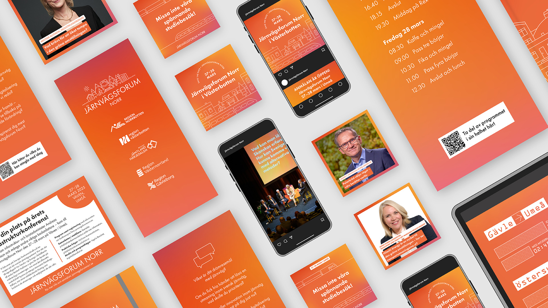 Översikt av digitalt och tryckt material för Järnvägsforum Norr, inklusive mobilskärmar, programblad, sociala medier-inlägg och illustrationer i orange färgskala med vit linjegrafik.