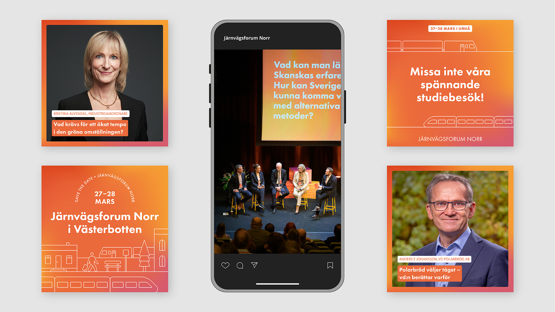 En samling sociala medier-inlägg för Järnvägsforum Norr visas, inklusive foton på Kristina Alvendal och Anders E. Johansson samt budskap om anmälan, studiebesök och program. I mitten syns en mobilskärm med ett scenfoto från en paneldiskussion.