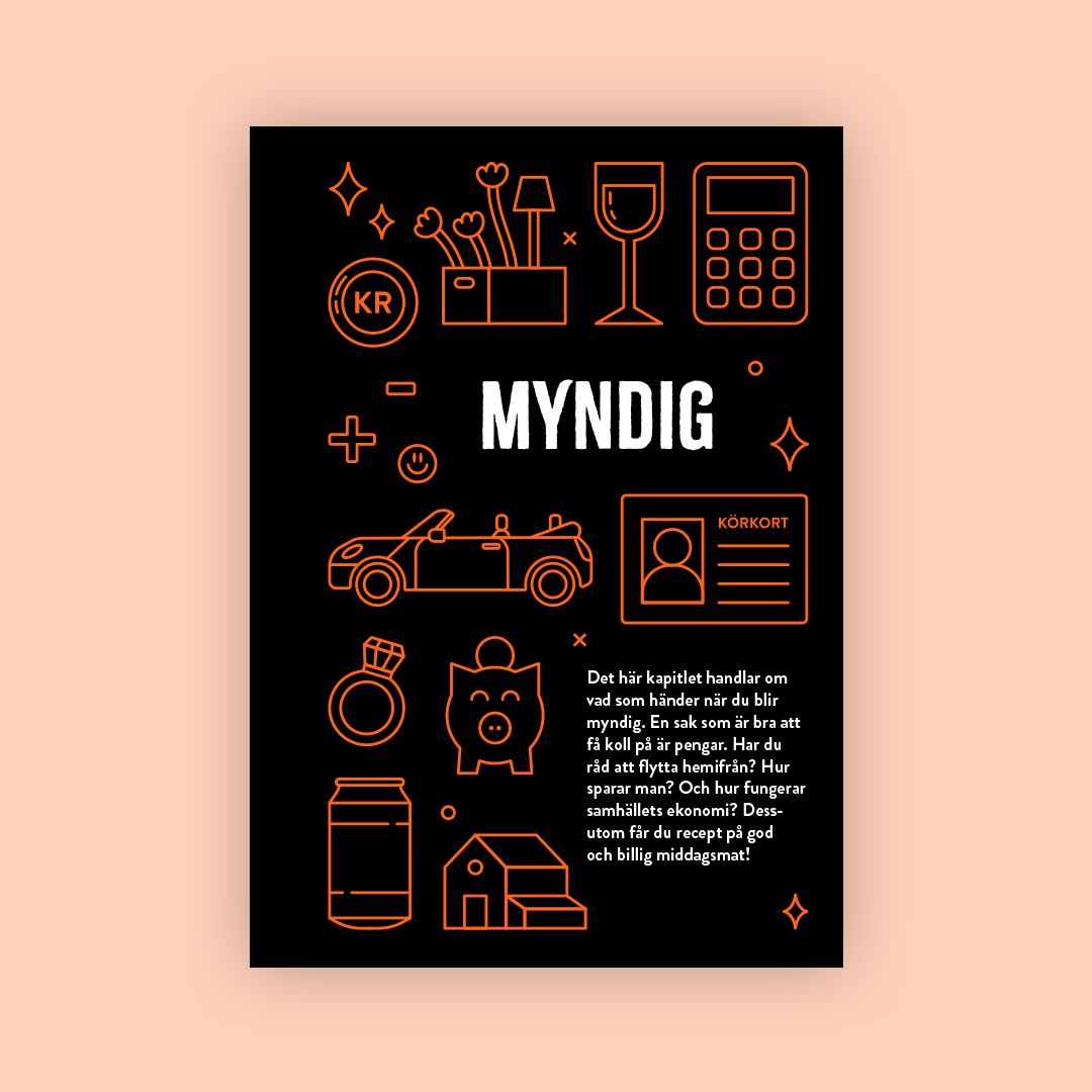 Kapitelstart med titeln "Myndig" och orange ikoner för ekonomi, bil och körkort.