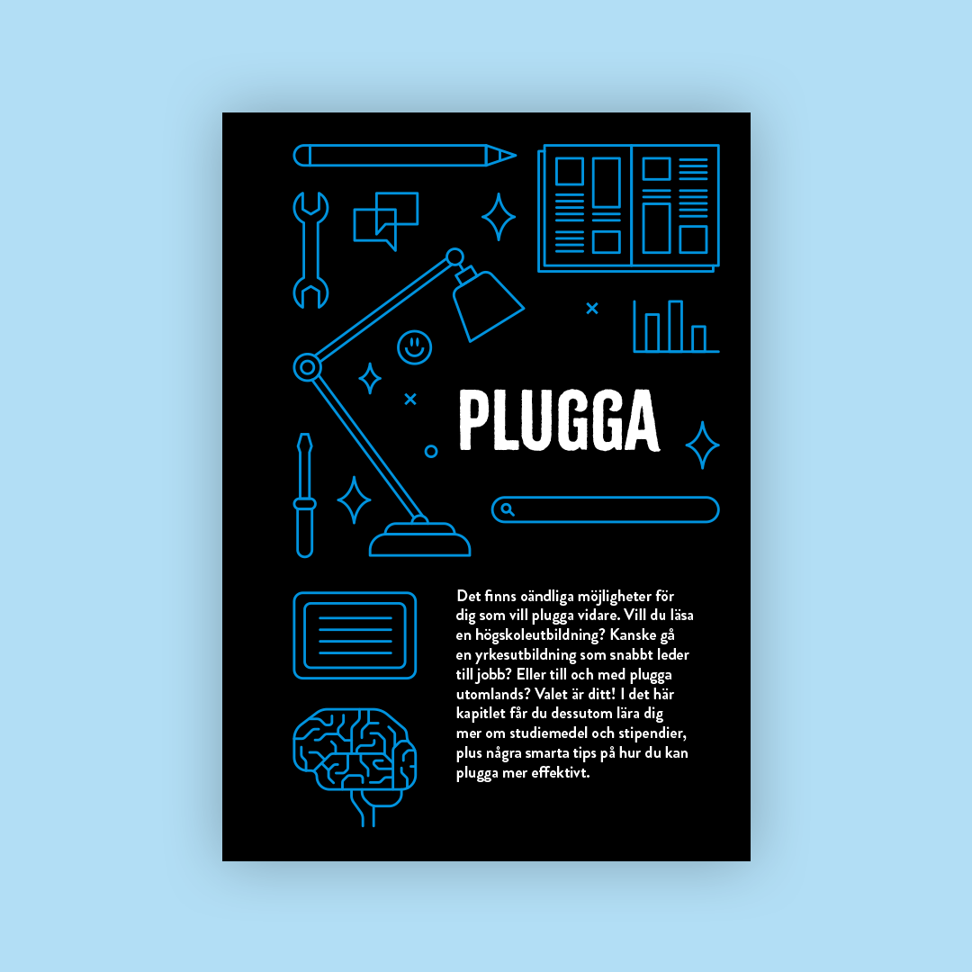 Kapitelstart med titeln "Plugga" och blå symboler som skrivbordslampa, hjärna och stapeldiagram.