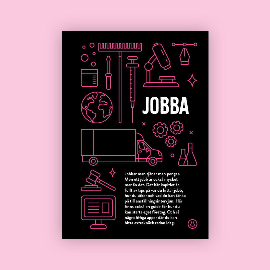 Kapitelstart med titeln "Jobba" och rosa ikoner som lastbil, mikroskop och kugghjul.