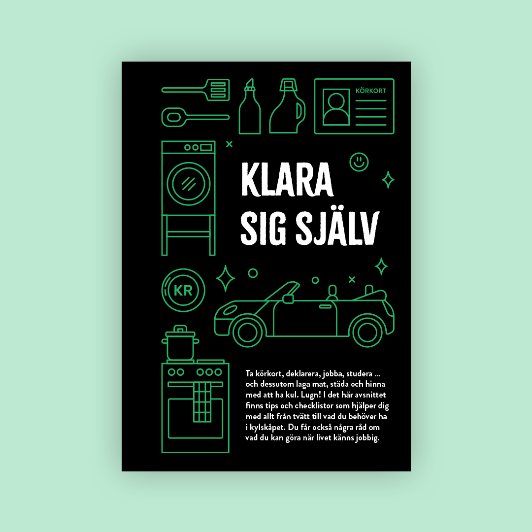 Kapitelstart med titeln "Klara sig själv" och gröna ikoner för tvättmaskin, körkort och hushållsartiklar.