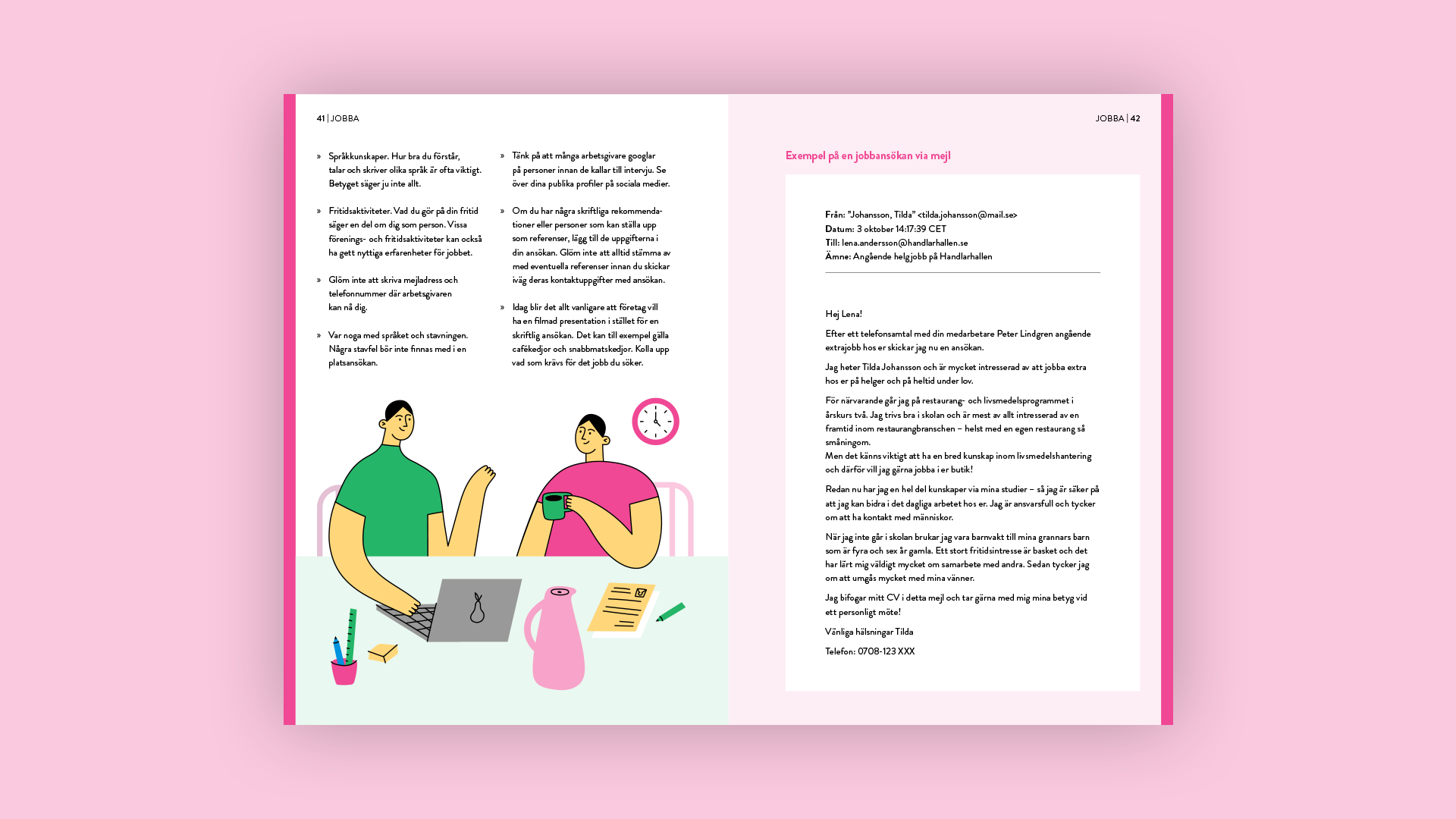 Uppslag med jobbansökningstips och exempelmejl, illustration med två personer vid ett bord.
