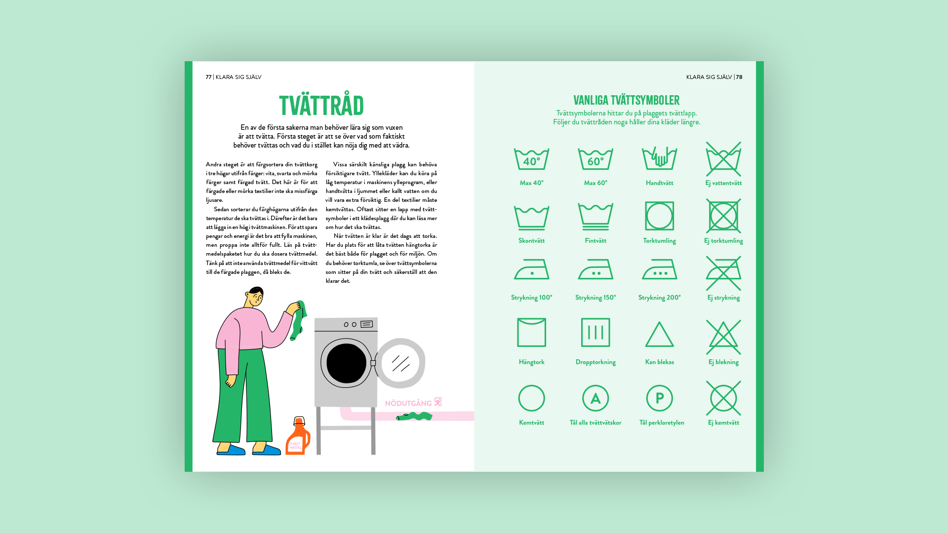 Uppslag om hur man tvättar kläder och en översikt av tvättsymboler.